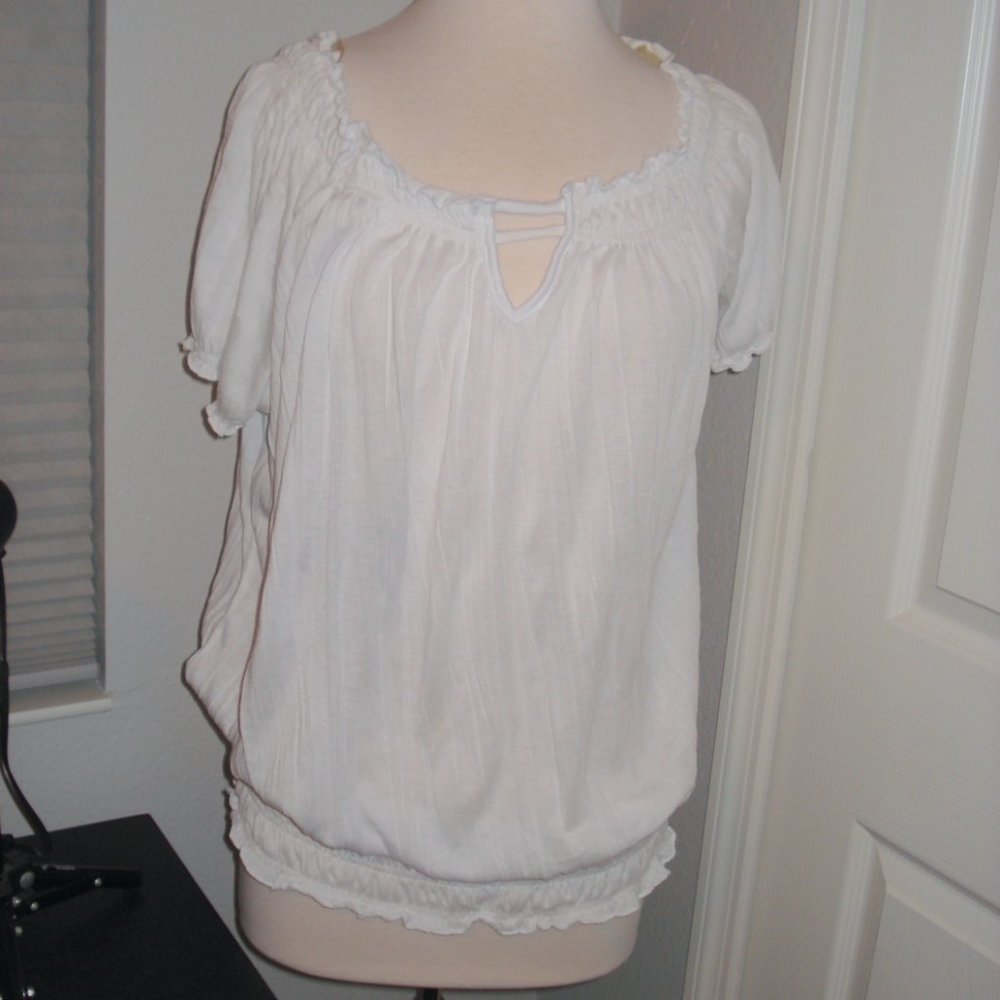 White Peasant Style Blouse with elastic neck and waist Medium